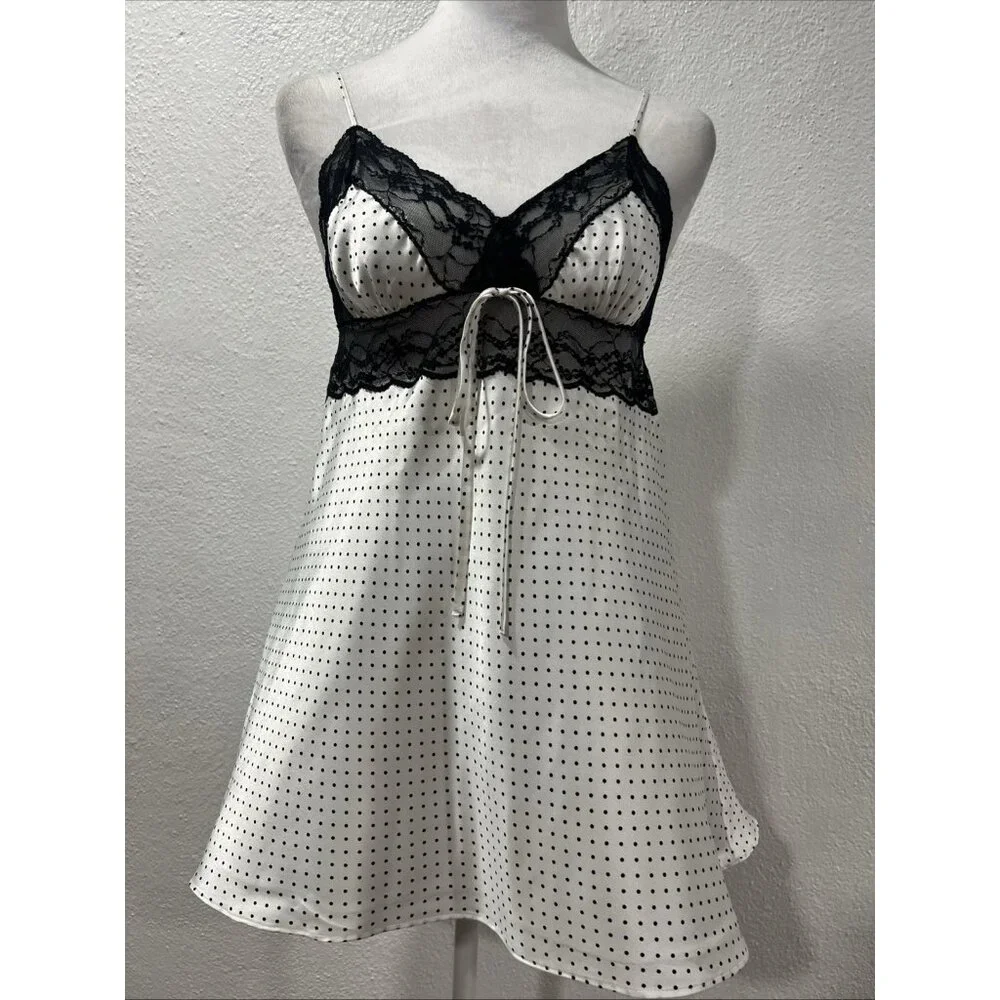 Vtg VICTORIA’S SECRET White Polka Dot  Satin Babydoll Cami Top Fairy Y2k 2000s M - Picture 2 of 12